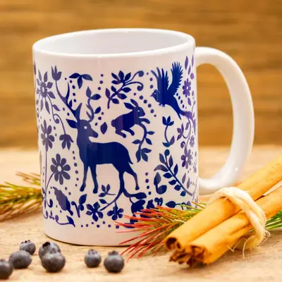 Blue Otomi Artisan Crafted Otomi Blue Birds and Flowers Ceramic Mug