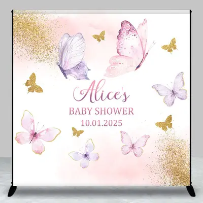 Pink Butterfly Baby Shower Backdrop With Custom Name