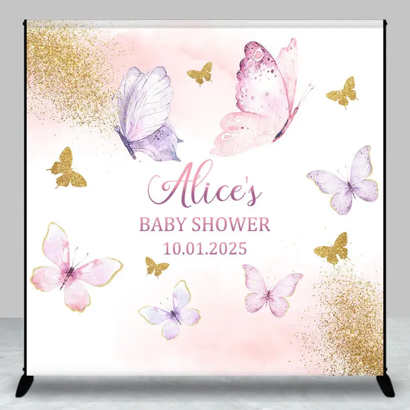 Pink Butterfly Baby Shower Backdrop With Custom Name