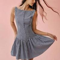 YeoKou Womens Plaid Mini Dress Sleeveless Boat Neck Backless Drop Waist Zipper Back Pleated Dress