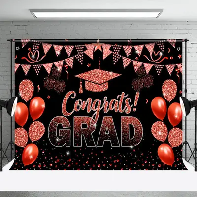 Glitter Red Balloons Flag Black Graduation Backdrop - Aperturee