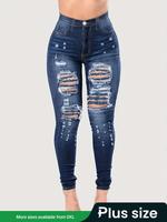 【Plus Size】 Pocket Button Ripped Jeans, Washed Denim Faded Jeans for Women, Casual Streetwear, High Rise Tight Pants for ...
