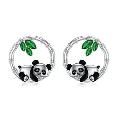 Sterling Silver Cubic Zirconia Panda & Bamboo Stud Earrings