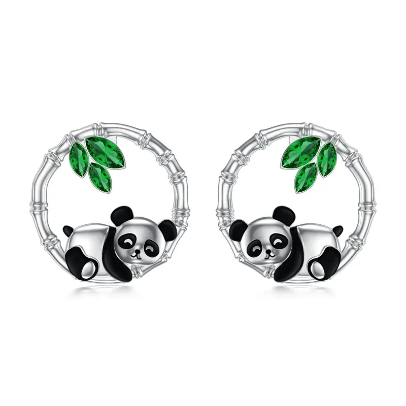 Sterling Silver Cubic Zirconia Panda & Bamboo Stud Earrings