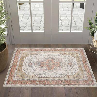 Garvee Washable Floral Print Area Rug, 2x3 Traditional Vintage Boho Indoor Carpet, Non-Shedding Low Pile Floor Mat with Non-S...