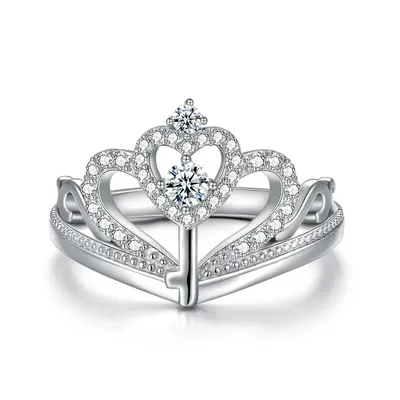 Sterling Silver Round Shaped Cubic Zirconia Crown & Heart Wedding Ring