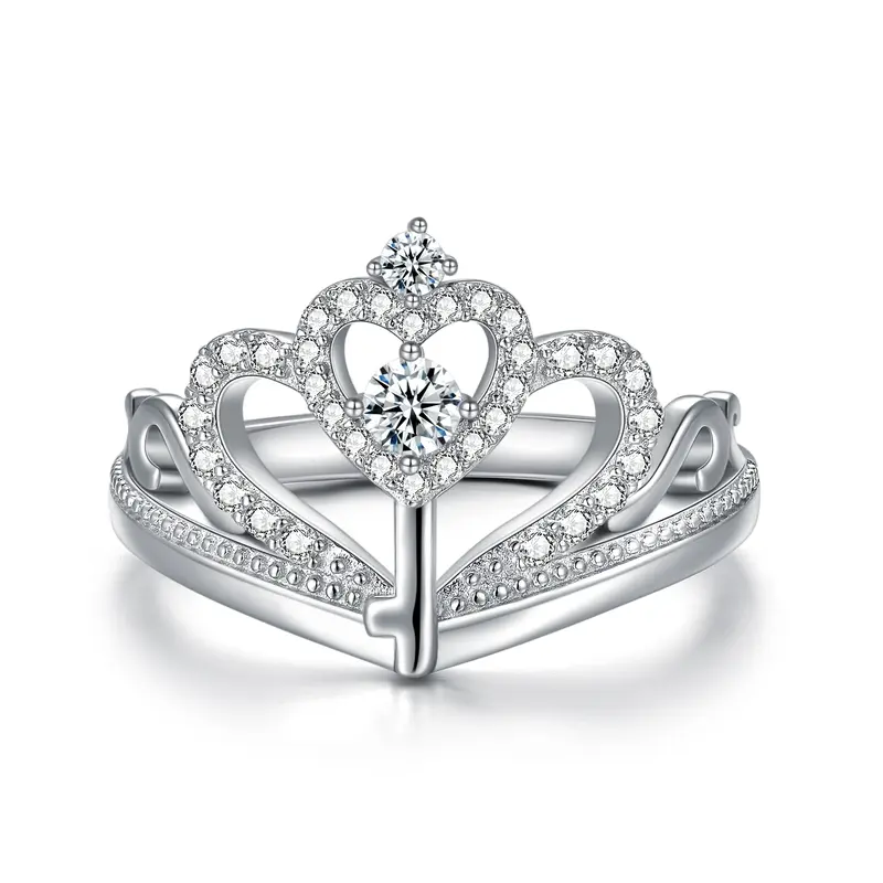 Sterling Silver Round Shaped Cubic Zirconia Crown & Heart Wedding Ring