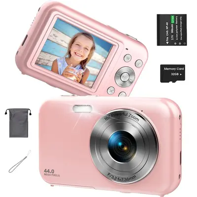 16X Optical Zoom Digital Cameras with 32GB Memory Card for Summer, 1080P＆44MP Video Photo Camera, Pink Portable Camera, An...