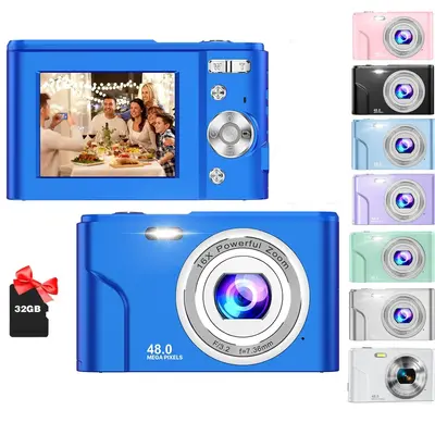 48MP FHD 1080P Video Photo Camera, Portable 16X Zoom Digital Compact Camera with 32GB Memory Card & Charging Cable & Instruct...