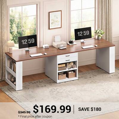 SEDETA 90.5 Inch Two Person Computer Desk Long Office Desk with Storage Drawers Two Person Writing Desk with Shelves for Home...