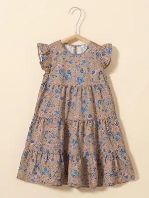 Girl's Floral Print Ruffle Trim Smock Dress, Romantic Butterfly Sleeve Round Neck Dress for Daily Vacation Party, Kids Clothi...