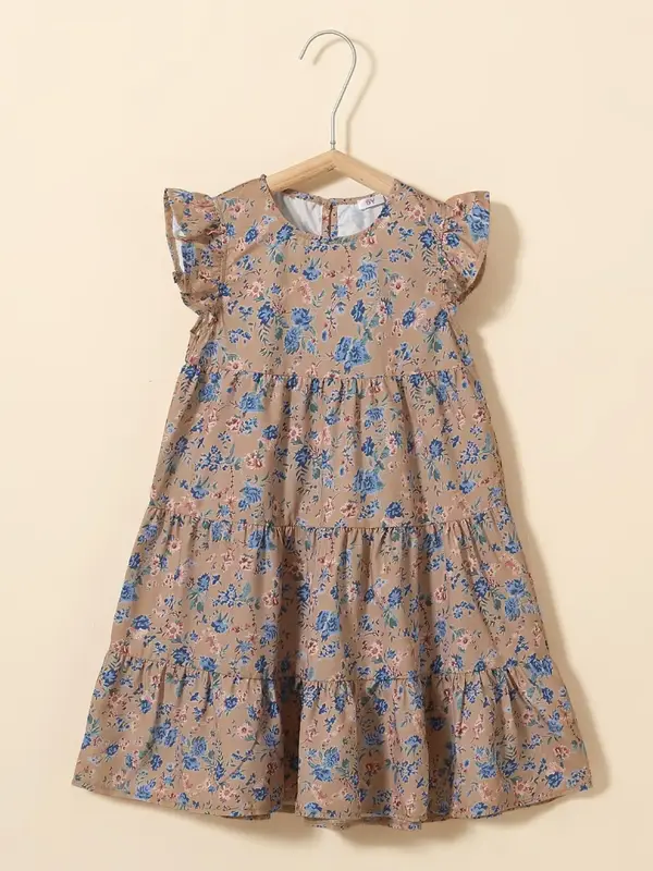 Girl's Floral Print Ruffle Trim Smock Dress, Romantic Butterfly Sleeve Round Neck Dress for Daily Vacation Party, Kids Clothi...