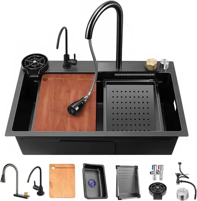 Bronstartz 31.5*18 INCH Nano Black Flying Rain Drop In Stainless Steel Watefall Kitchen Sink Single Bowl with Pull Down Fauc...