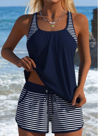 Modlily Tummy Coverage Mid Waisted Striped Navy Tankini Set - L