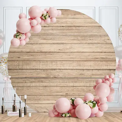 Aperturee Light Khaki Wooden Round Birthday Party Backdrop