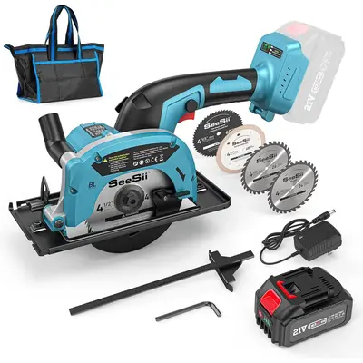 SeeSii Cordless Mini Circular Saw, 4-1/2 Electric Compact Circular Saw with 4.0Ah Battery, 5380RPM, 4 Saw Blades, Rip Guide...
