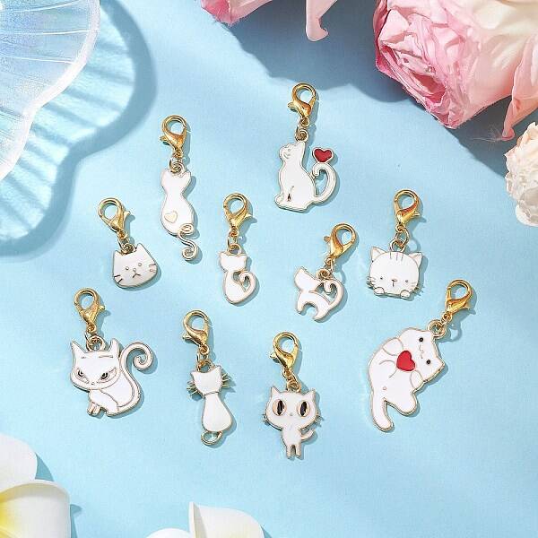 10Pcs Cat Alloy Enamel Pendant Decorations