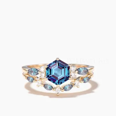 Hexagon Color-change Alexandrite Engagement Ring Diamond Cluster Bridal Set