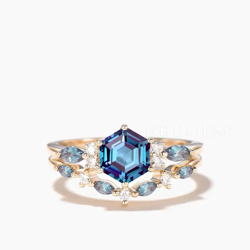 Hexagon Color-change Alexandrite Engagement Ring Diamond Cluster Bridal Set