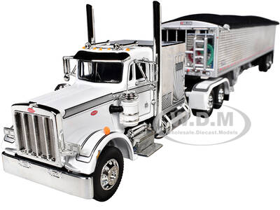 Peterbilt 359 with 60 Vintage Sleeper and 43 Wilson High Side Grain Trailer White and Chrome 1/64 Diecast Model by DCP/Firs...