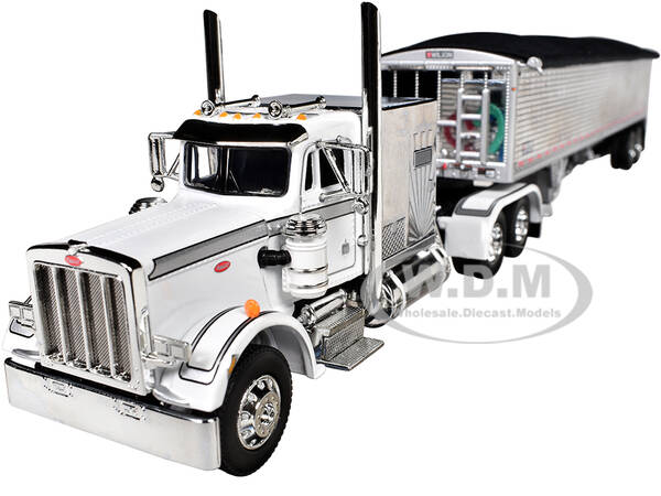 Peterbilt 359 with 60 Vintage Sleeper and 43 Wilson High Side Grain Trailer White and Chrome 1/64 Diecast Model by DCP/Firs...