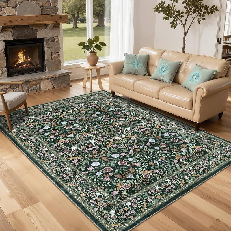 Garvee Floral Rug Non Slip Washable Soft Low-Pile Durable Stain-Resistant 5x7 Dark Green for Living Room Bedroom Dining Room