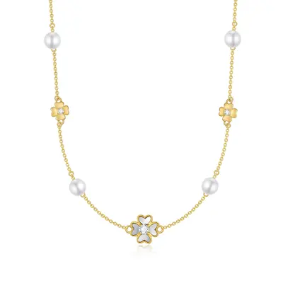 9K Gold Pearl & Cubic Zirconia Four-leaf Clover Metal Choker Necklace