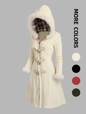 Women's Plain Contrast Faux Fur Trim Button Front Hooded Jacket, Casual Long Sleeve Outerwear for Fall & Winter, Ladies Cloth...