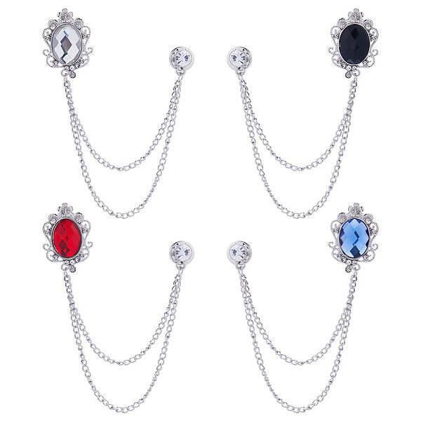 4Pcs 4 Colors Glass Oval Hanging Chain Brooches