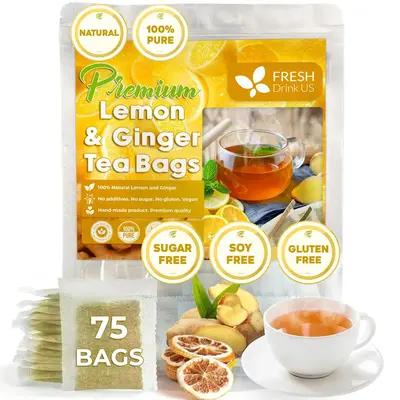Premium 75 Lemon Ginger Tea Bags, 100% Natural Ingredients, Hand-made Blend of Lemon and Ginger Flowers, Eco-conscious Tea Ba...