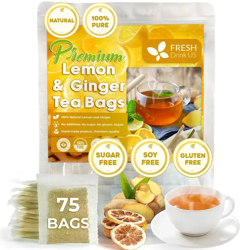Premium 75 Lemon Ginger Tea Bags, 100% Natural Ingredients, Hand-made Blend of Lemon and Ginger Flowers, Eco-conscious Tea Ba...