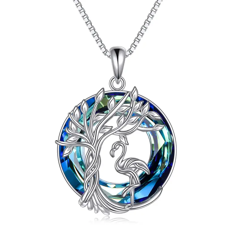 Sterling Silver Round Flamingo & Tree Of Life Crystal Pendant Necklace
