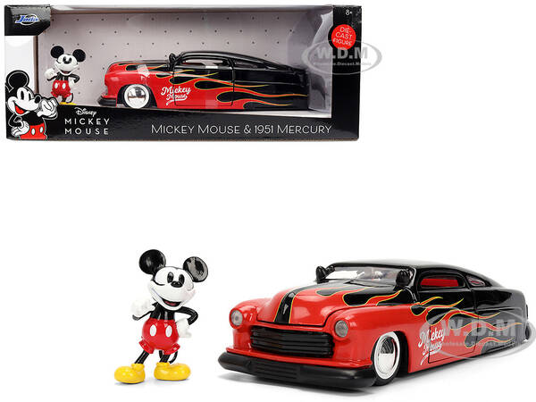 1951 Mercury Coupe Black with Flame Graphics and Red Interior and Mickey Mouse Diecast Figure Disney's Mickey Mouse Hollyw...