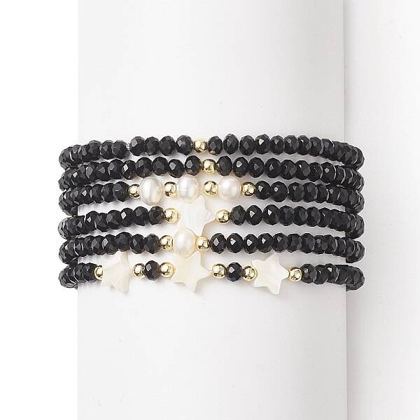 6Pcs 6 Style Natural Shell & Glass Star & Round Beaded Stretch Bracelets Set for Women