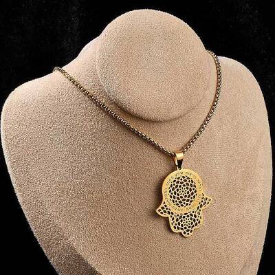 304 Stainless Steel Hollow Religion Hamsa Hand Pendant Necklaces