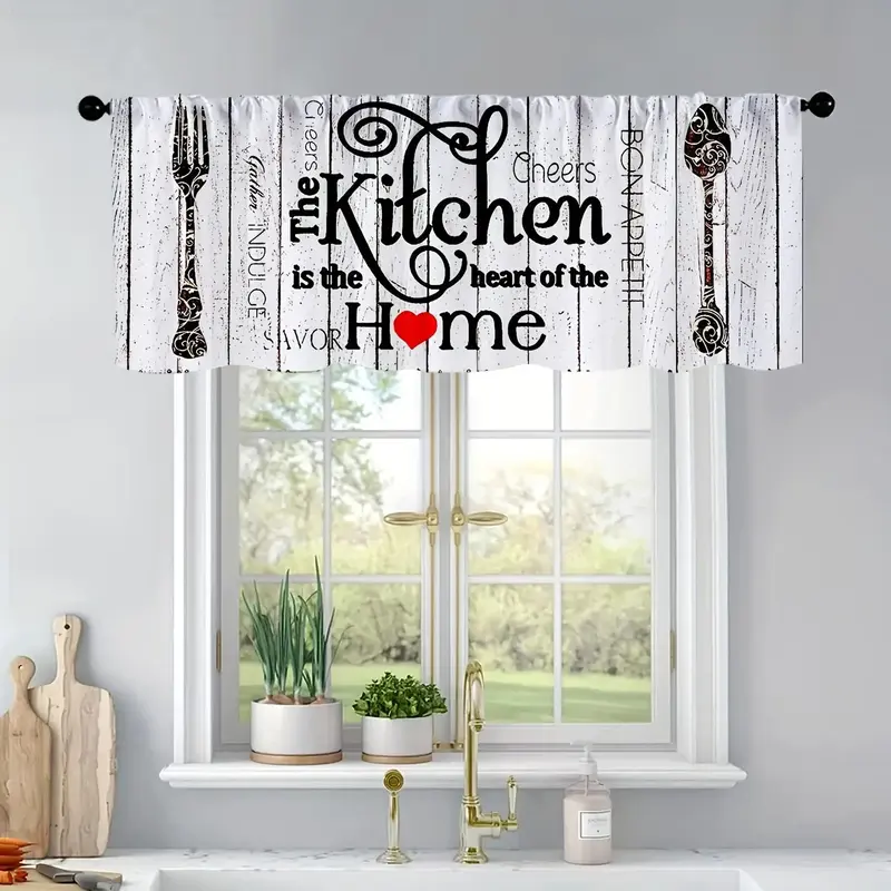 Kitchen Themed Letter Short Curtain, 1 Count Knife & Fork Pattern Curtain, Window Curtain for Home Kitchen Restaurant Decor