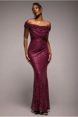 Goddiva Cap Sleeve Iridescent Sequin Cowl Maxi Dress - Burgundy Red