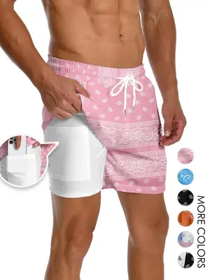 Men's 2 in 1 Paisley Print Pocket Drawstring Waist Shorts, Regular Fit Casual Straight Leg Shorts, Fashion Men's Summer Botto...