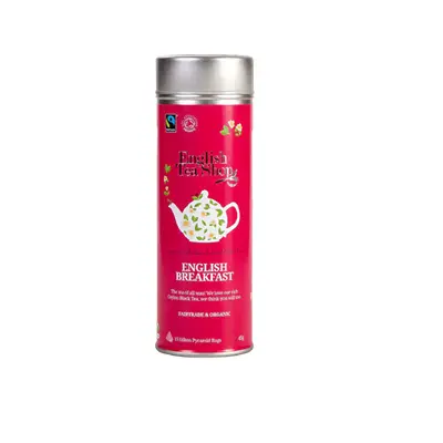 English tea shop English breakfast with black tea and 15 pyramids in una tin can