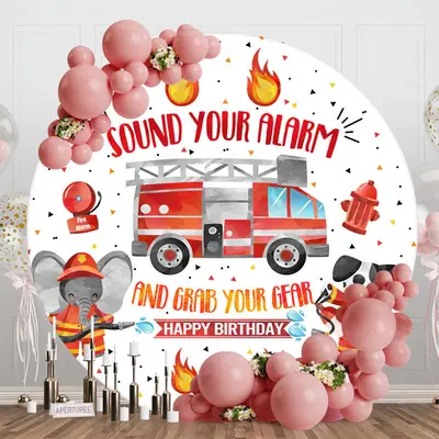 Sound Your Alarm Truck Round Happy Birthday Backdrop - Aperturee