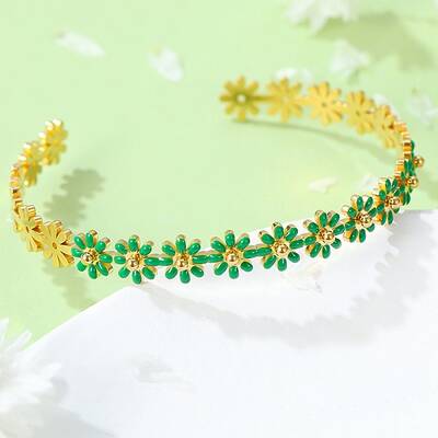 304 Stainless Steel Enamel Flower Open Cuff Bangles for Women