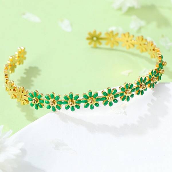 304 Stainless Steel Enamel Flower Open Cuff Bangles for Women