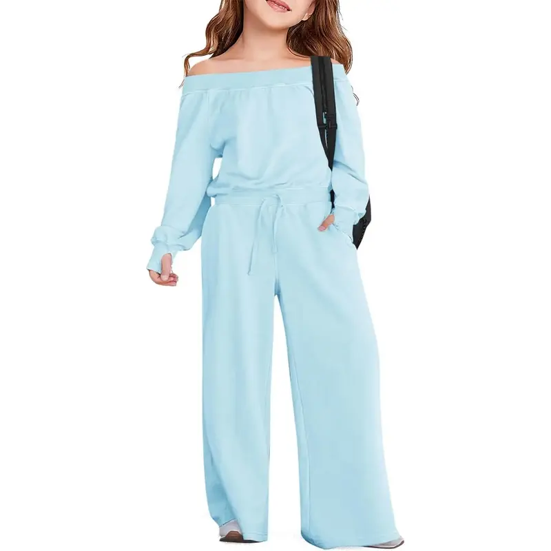 Haloumoning Girls Casual Jumpsuits Long Sleeve Off the Shoulder Wide Leg Loose Rompers with Pockets 5-14 Years