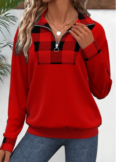 Modlily Red Patchwork Plaid Long Sleeve Turn Down Collar Sweatshirt - L