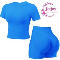 Jetjoy 2 Piece Impact Workout Sets for Women, Short Sleeve T Shirt Tank Top + Workout Impact ShortsButt Lifting Gym Seamless ...