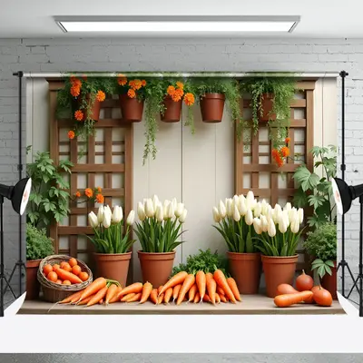Aperturee Potted Plant Floral Greenery Carrot Spring Backdrop, 3X2FT(1MX0.6M), 14 USD, spring backdrops, NYHD5I97-M