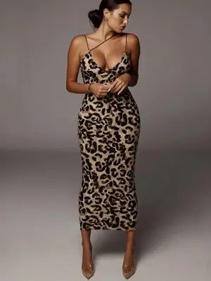 Women's All Over Leopard Print Asymmetrical Cami Dress, Elegant Sleeveless Spaghetti Strap Bodycon Dress for Party Club Night...