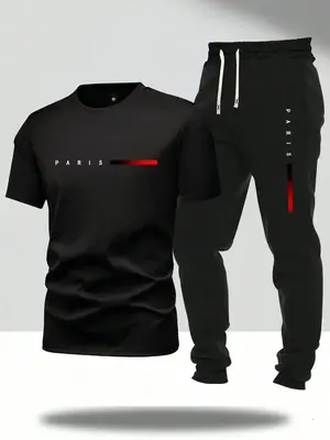 Men's Letter Print Tee & Pants Two-Piece Set, Crew Neck Short Sleeve T-Shirt & Pocket Jogger Pants, Casual Top & Sweatpants, ...