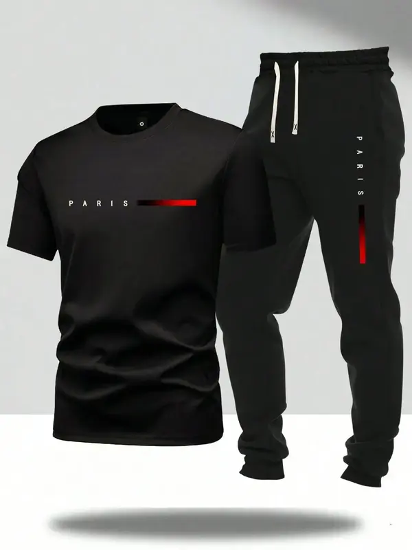 Men's Letter Print Tee & Pants Two-Piece Set, Crew Neck Short Sleeve T-Shirt & Pocket Jogger Pants, Casual Top & Sweatpants, ...