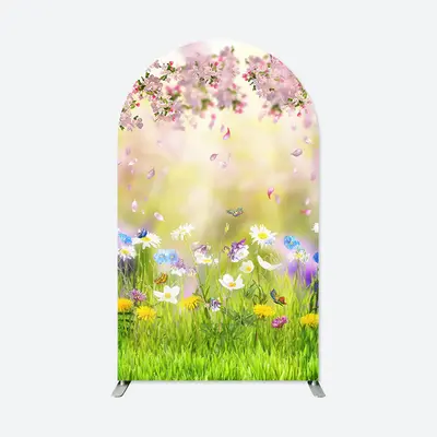 Aperturee Floral Green Grass Spring Birthday Arch Backdrop | Custom Chiara Arched Covers | Chiara Arch Backdrop Diy | Circle ...